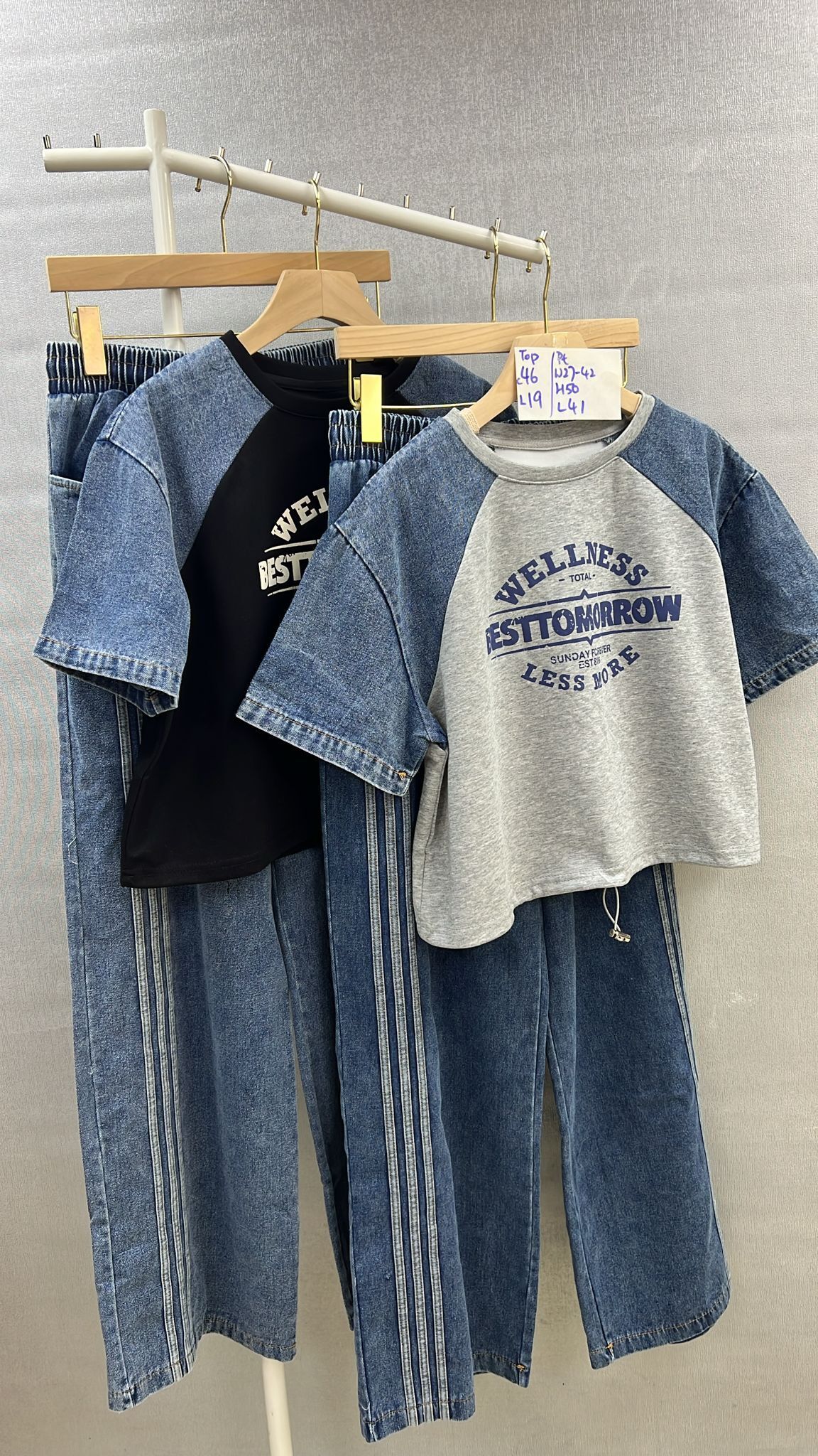 CF9815 字母牛仔拼布TEE套裝