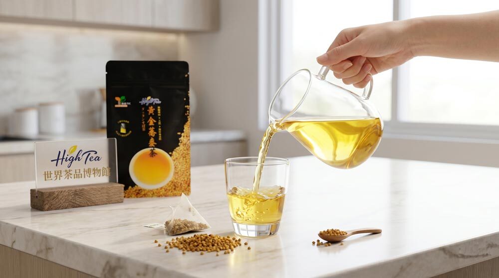 金黃色清透蕎麥茶湯與High Tea品牌包裝