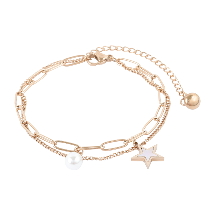 白鋼手鍊，女士手鍊 星星貝殼鑲片；星芒在細鍊間 珍珠留住暖光（4247玫瑰金）