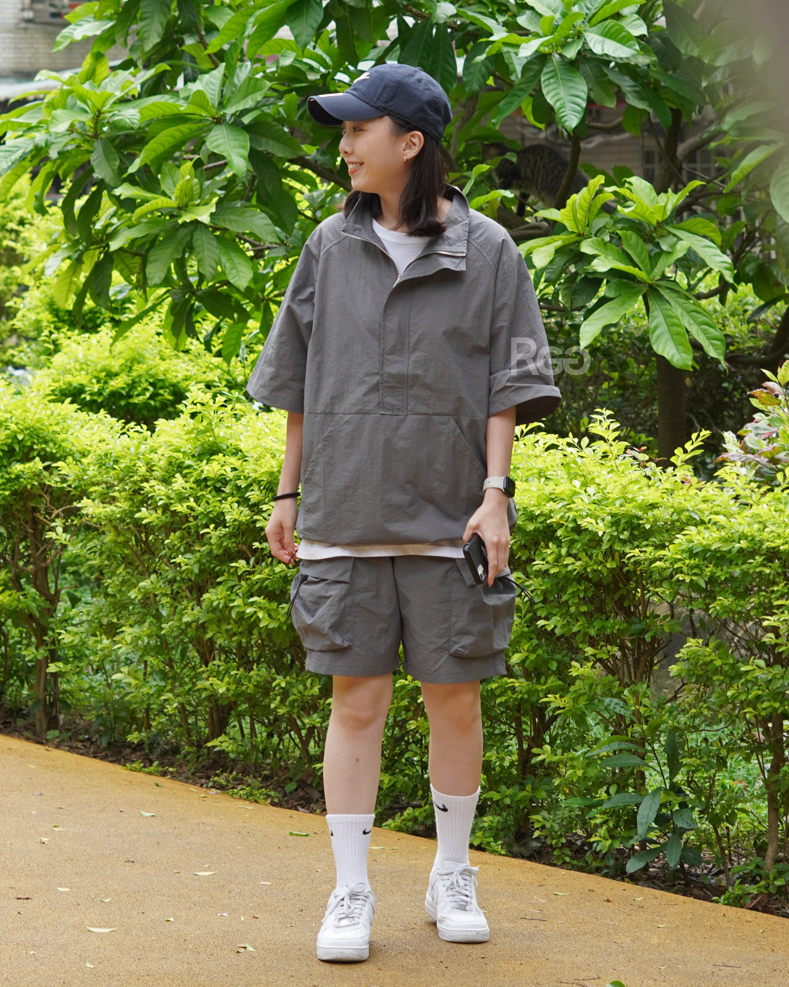 #98857 衝鋒衣 短袖 防潑水 尼龍 套裝 女生灰色實穿