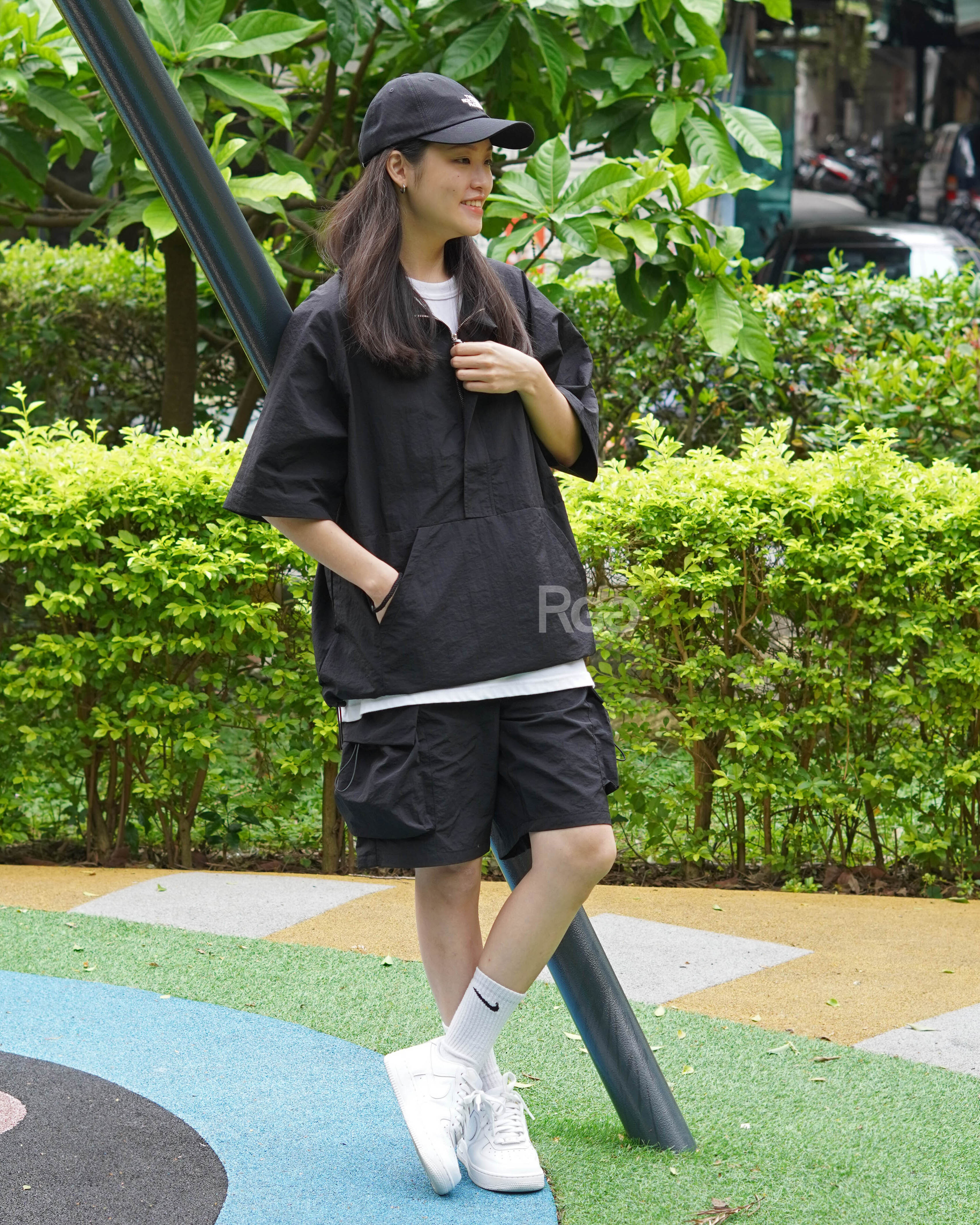 #98857 衝鋒衣 短袖 防潑水 尼龍 套裝 女生黑色實穿