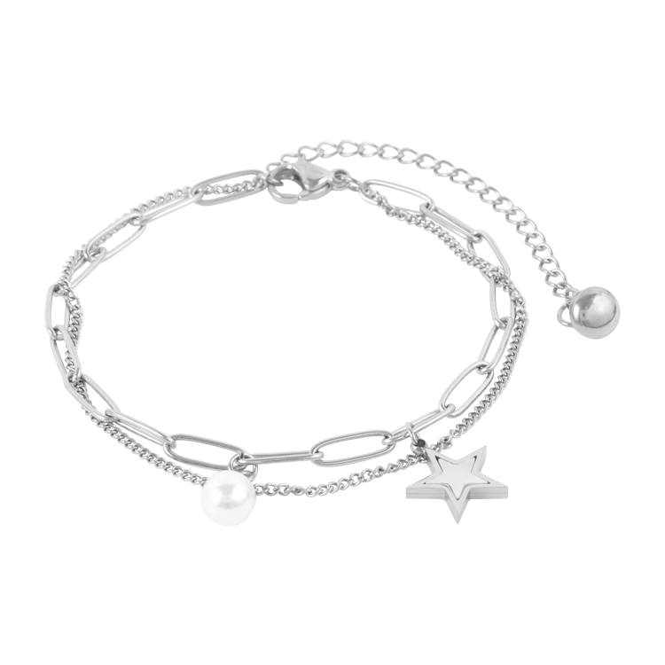 白鋼手鍊，女士手鍊 星星貝殼鑲片；星芒在細鍊間 珍珠留住暖光（4247銀色）