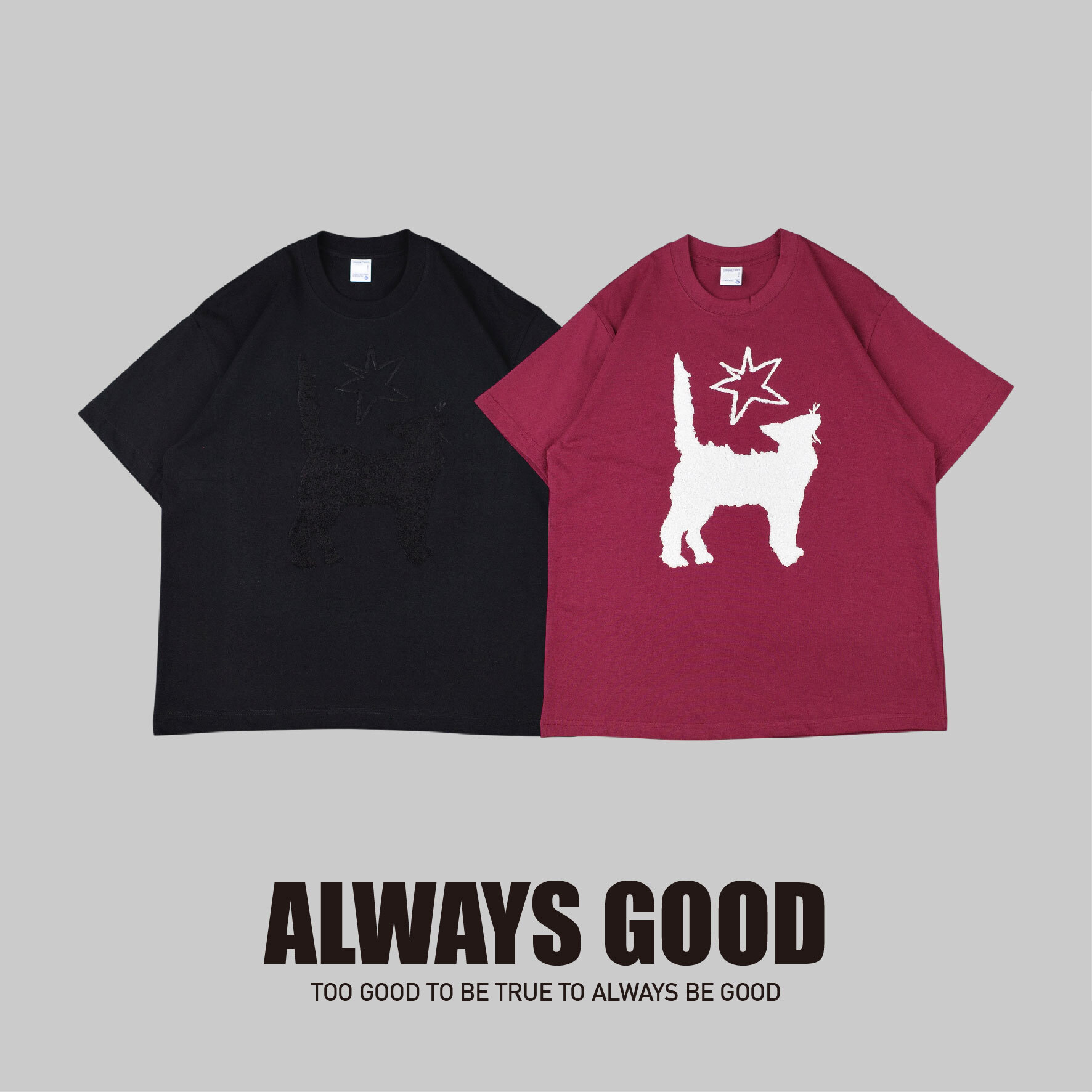 『Always_Good』毛巾布刺繡 星星小貓 短T