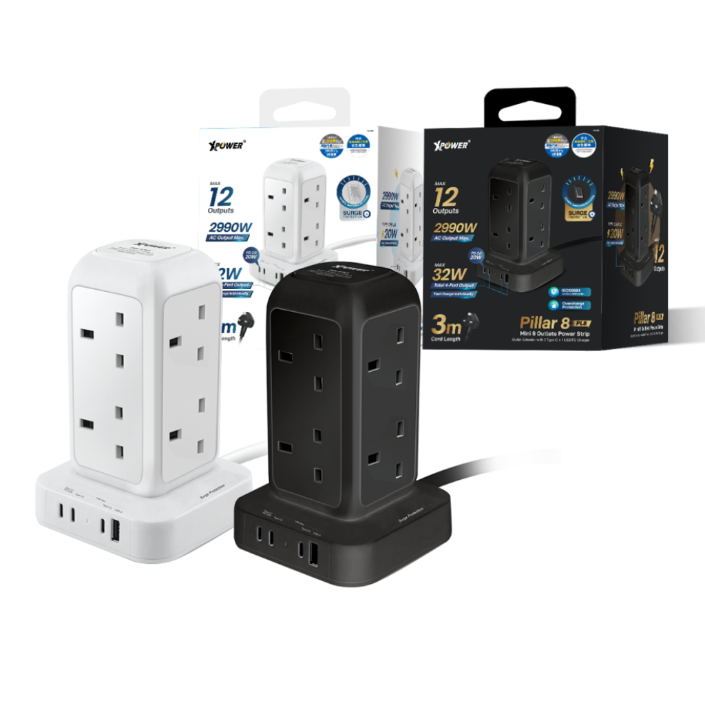 HKHG0421-008 Pillar 8 PL8迷你直立式12輸出拖板3米線長8個插頭PD 3.0輸出 (A8 Black/B8 White)