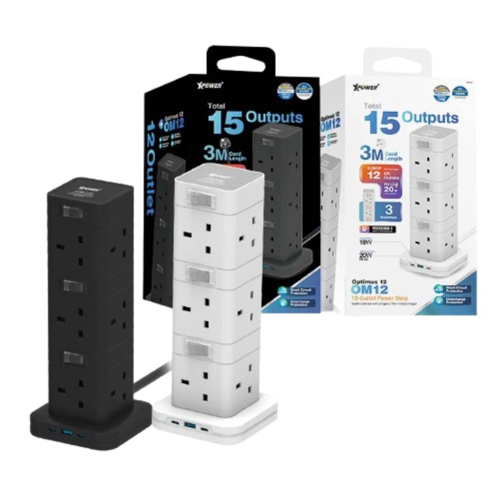 HKHG0421-009 Optimus 12 OM12全港首款直立式15輸出開關拖板 3米線長 12個插頭 PD 3.0輸出 (A9 Black/B9 White)