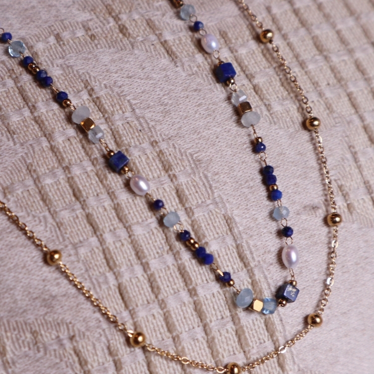 深藍航線雙層項鍊 青金石 海藍寶 天然珍珠 低調表達 知性氣場 鈦鋼項鍊