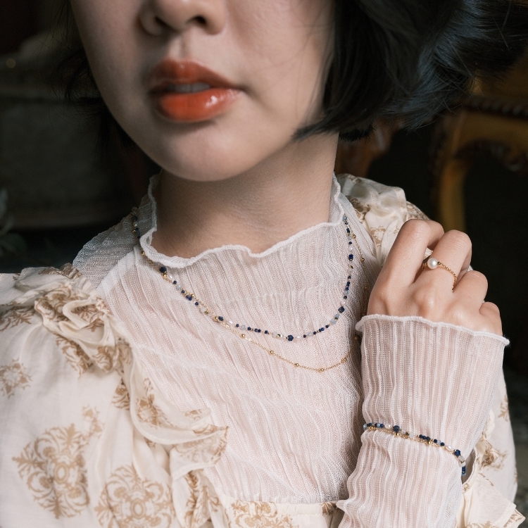 深藍航線雙層項鍊 青金石 海藍寶 天然珍珠 低調表達 知性氣場 鈦鋼項鍊