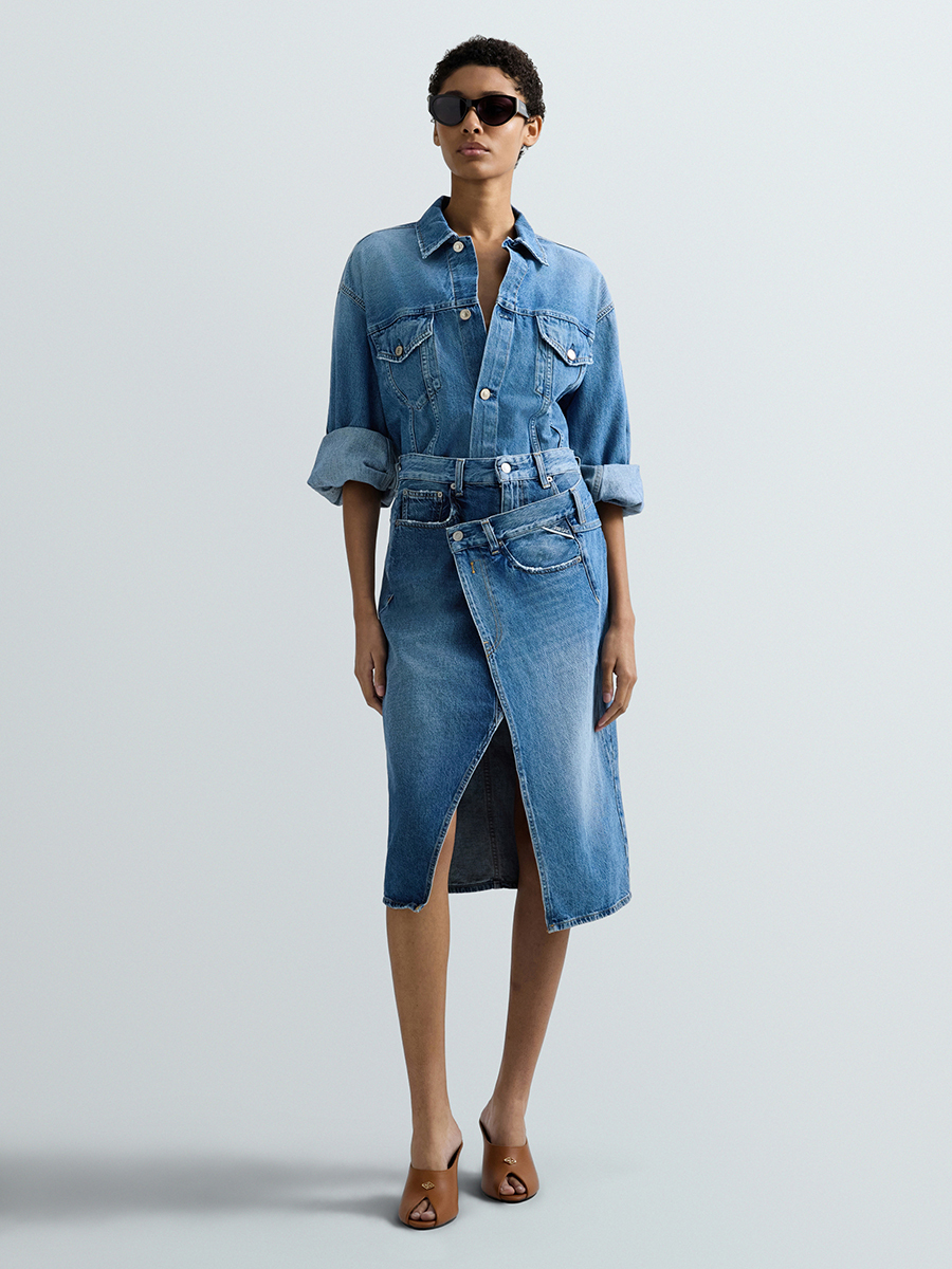 不對稱交錯開衩牛仔中長裙