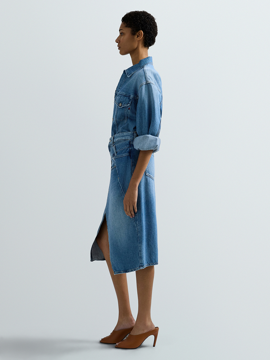 不對稱交錯開衩牛仔中長裙