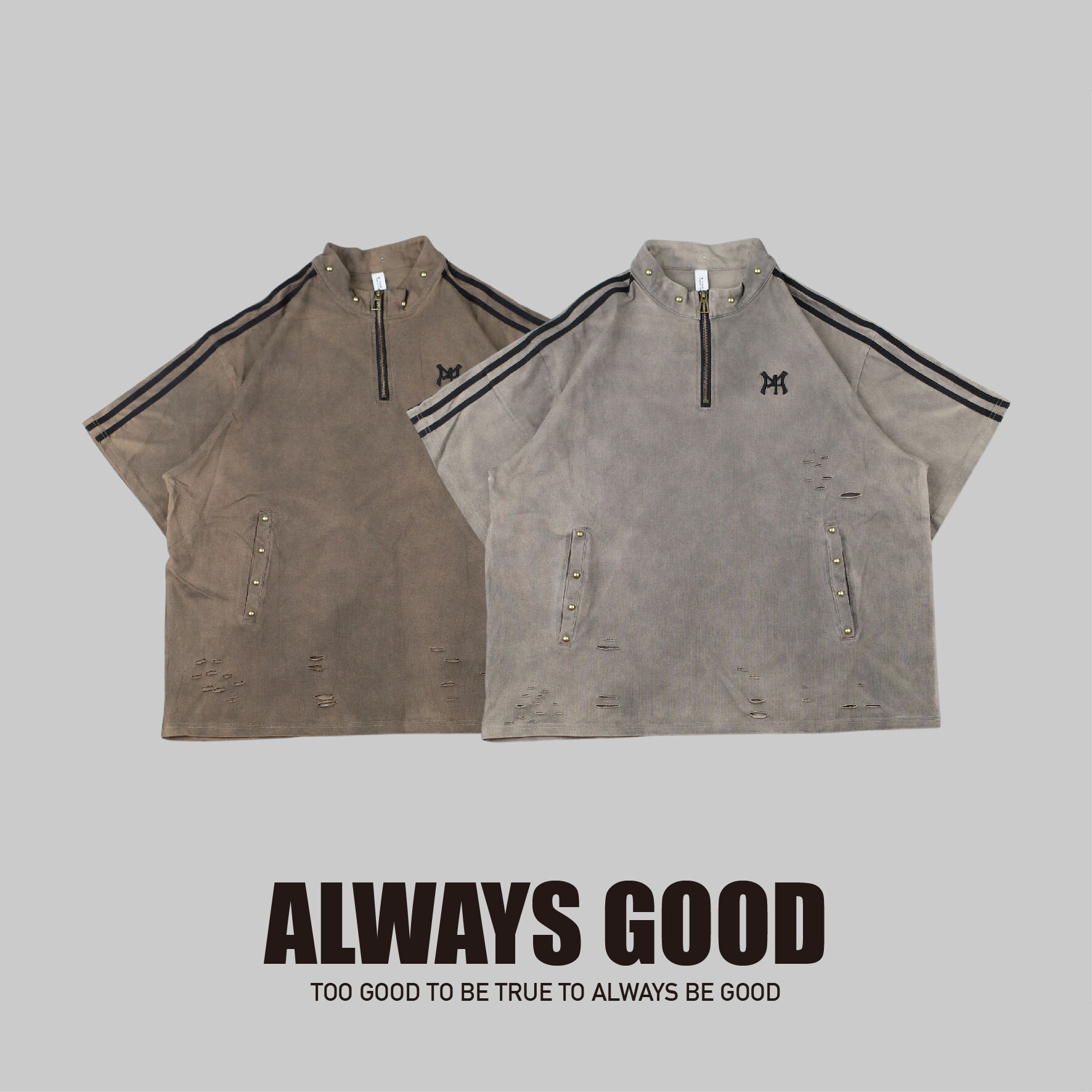 『Always_Good』鉚釘 刺繡 半拉鍊 破壞 暈染 短T