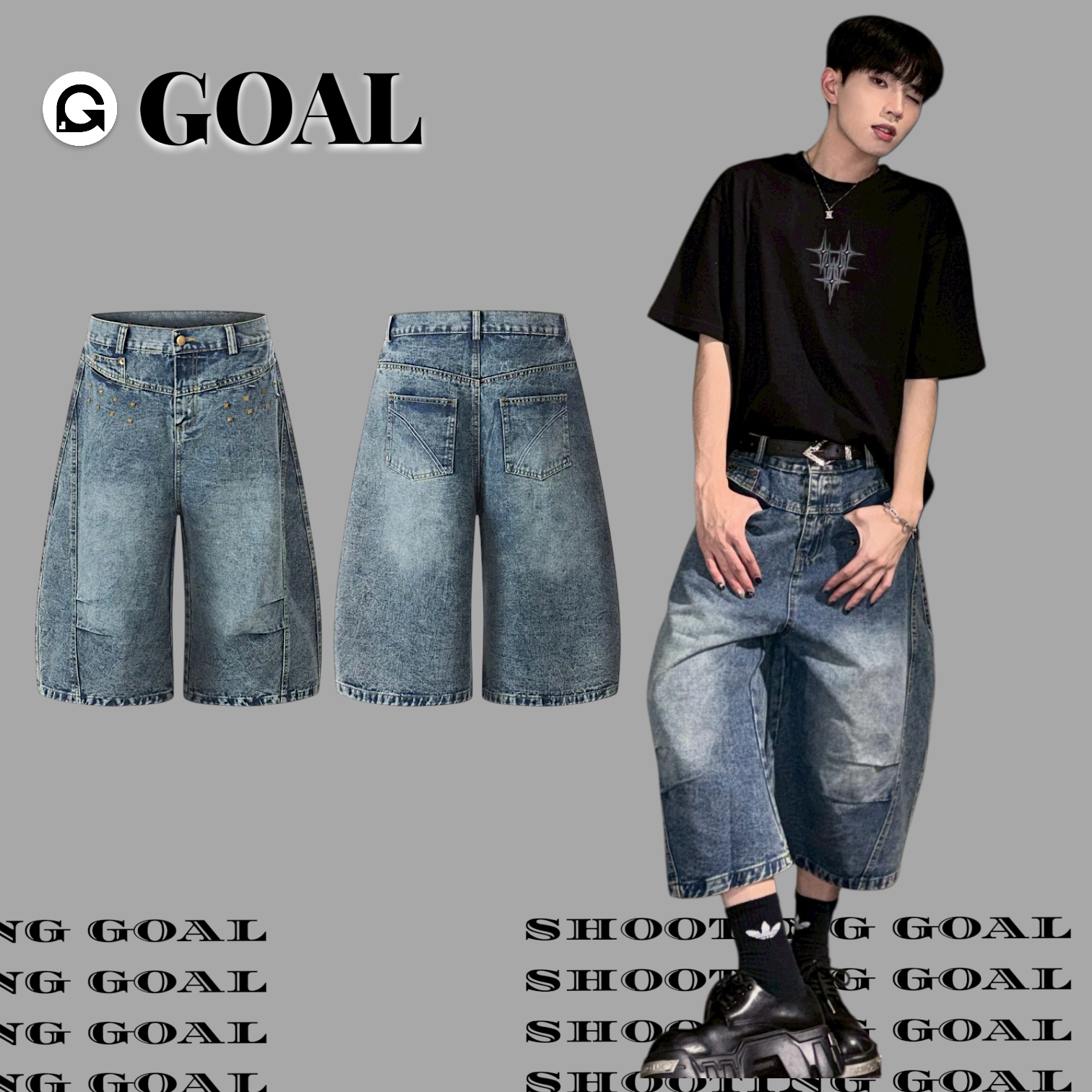 (GOAL) 復古鉚釘七分褲 男女款 five 71381