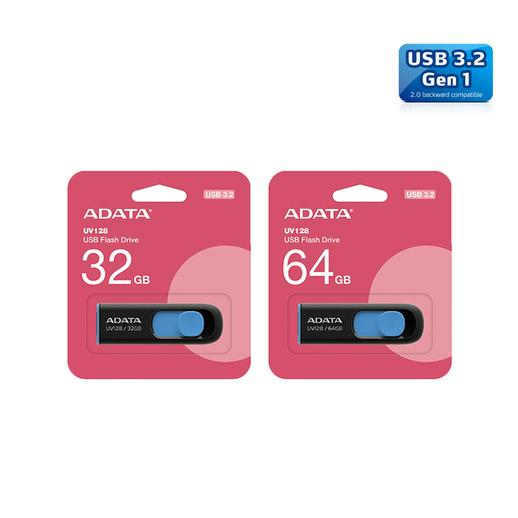 【ADATA 威剛】UV128隨身碟(藍色)-32GB/64GB 隨身碟 滑蓋 伸縮 USB3.2