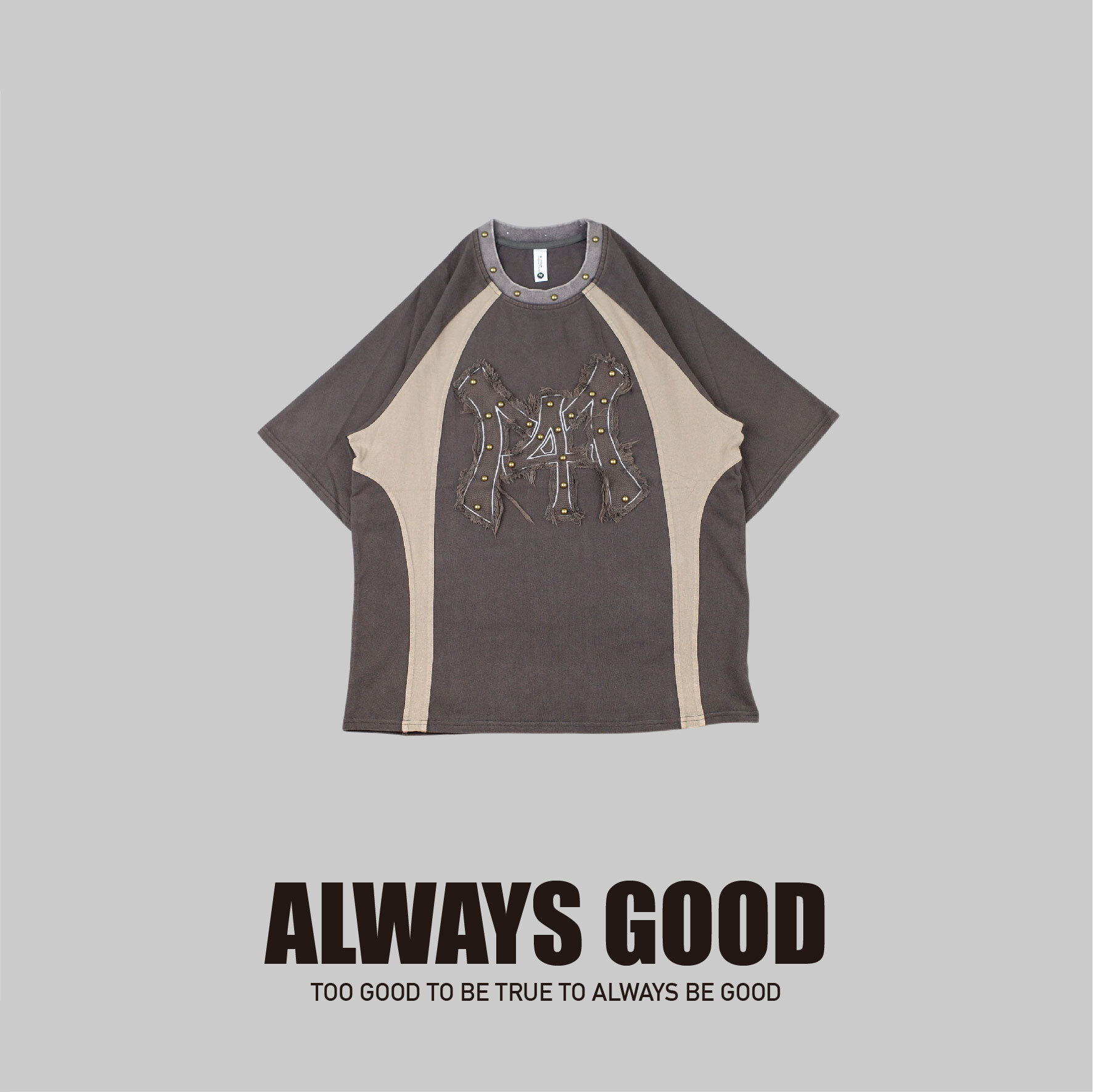 『Always_Good』鉚釘 破壞 拼接 撞色 短T