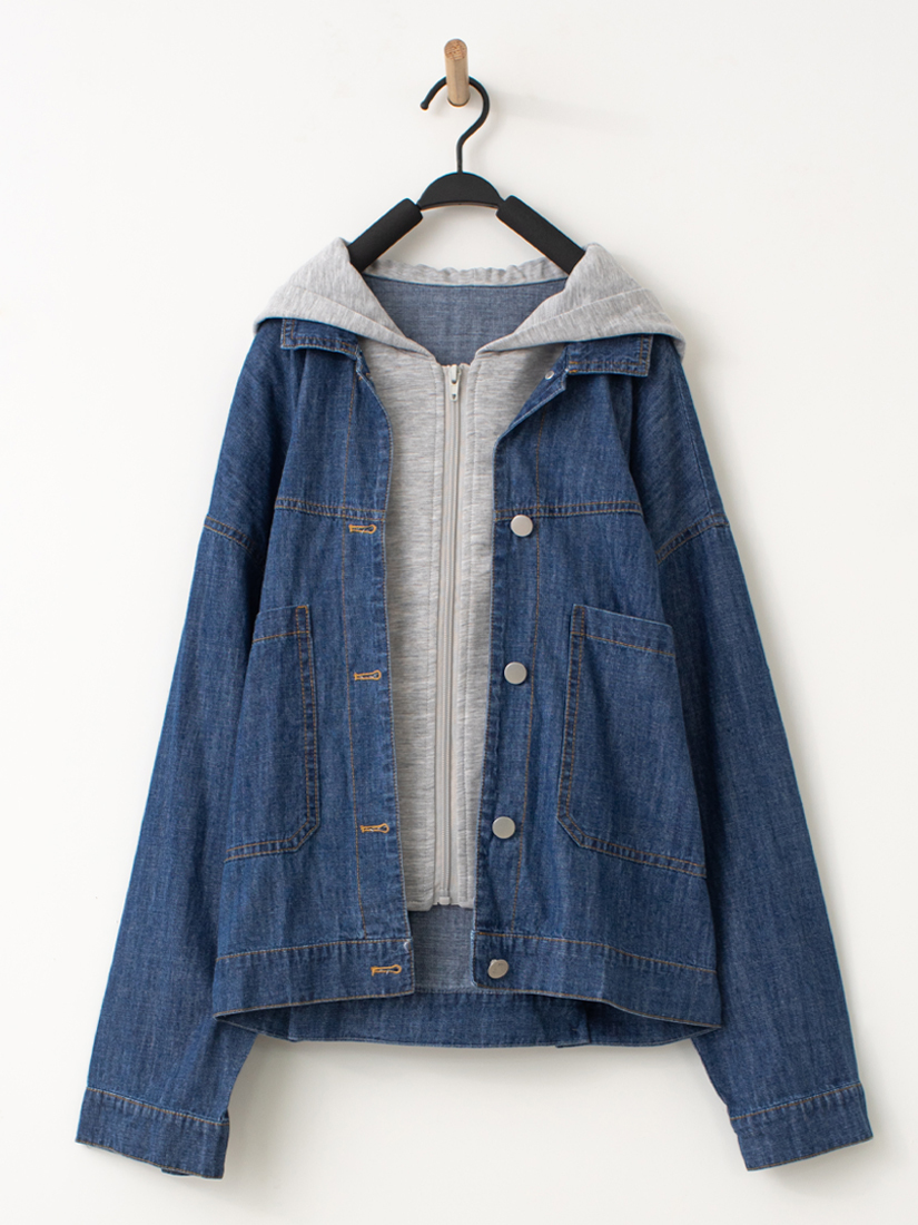 拼接層次感連帽牛仔外套