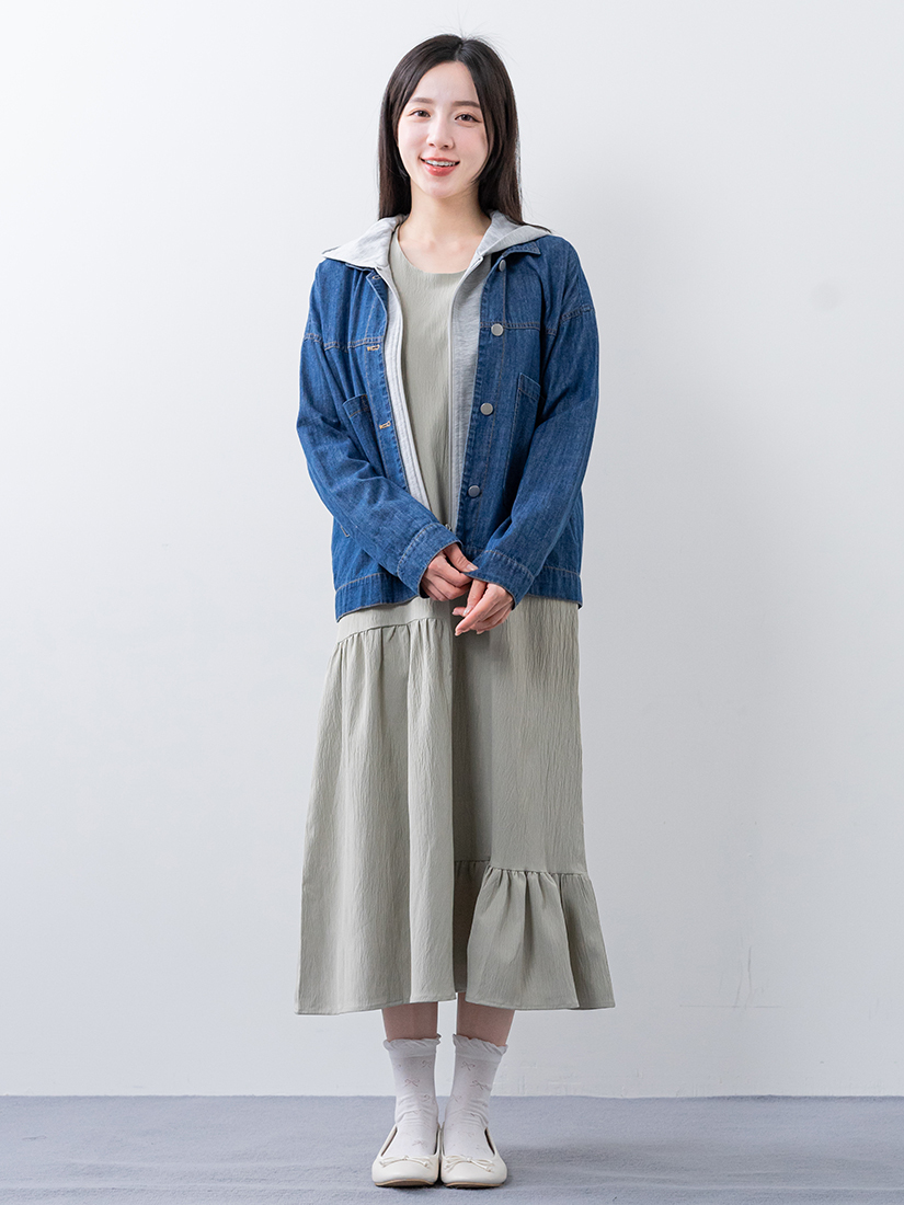 拼接連帽牛仔外套自然皺感不對稱剪接長洋裝組合