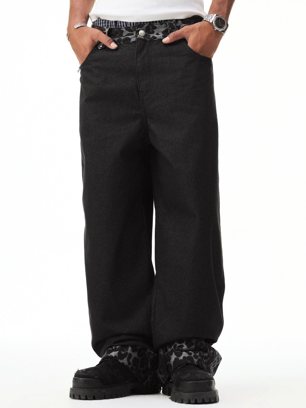 STK SmallTownKid 重磅 翻邊豹紋拼接 直筒牛仔褲