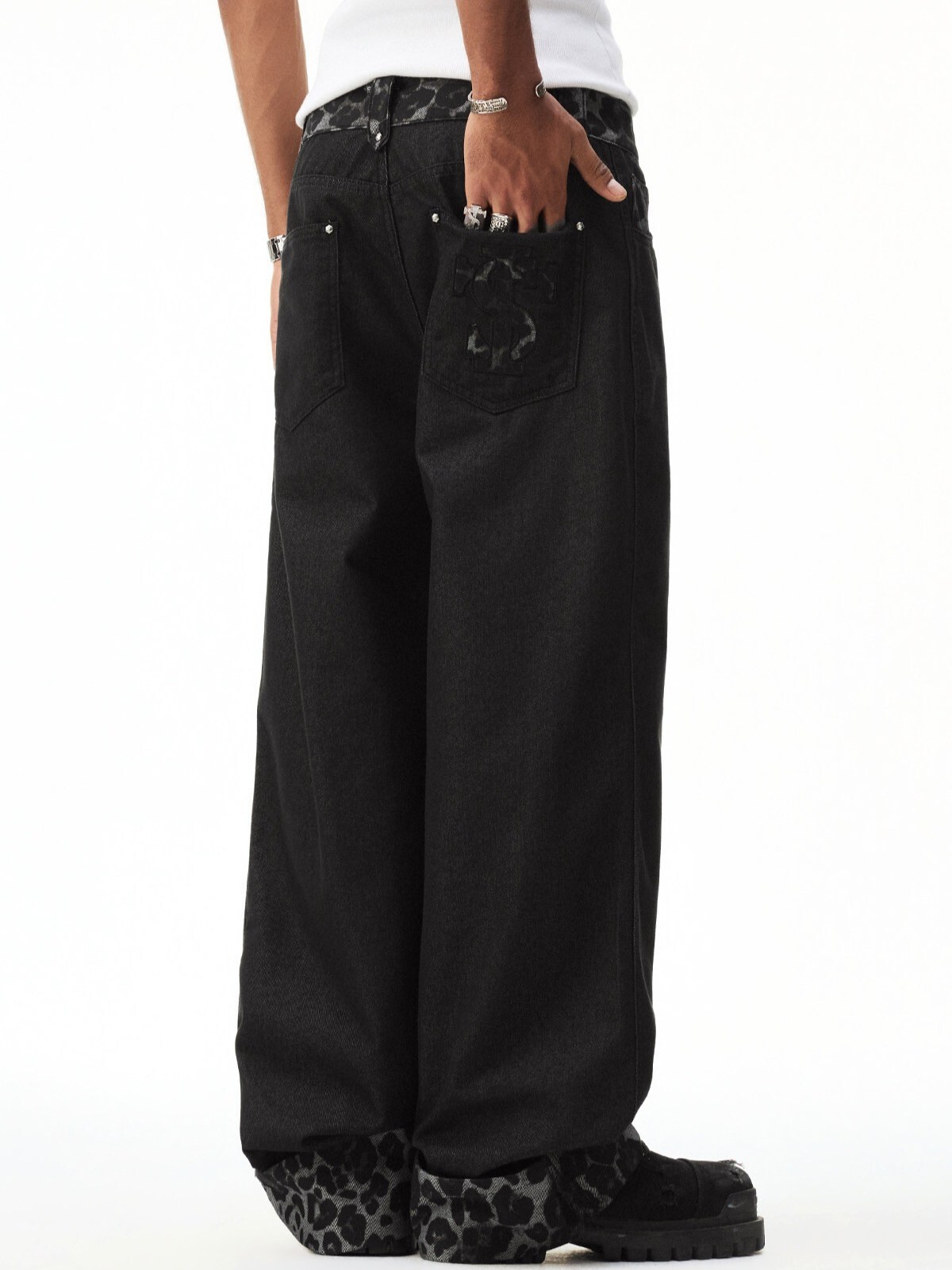 STK SmallTownKid 重磅 翻邊豹紋拼接 直筒牛仔褲