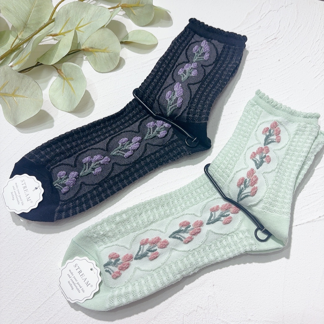 側面花圖案短襪