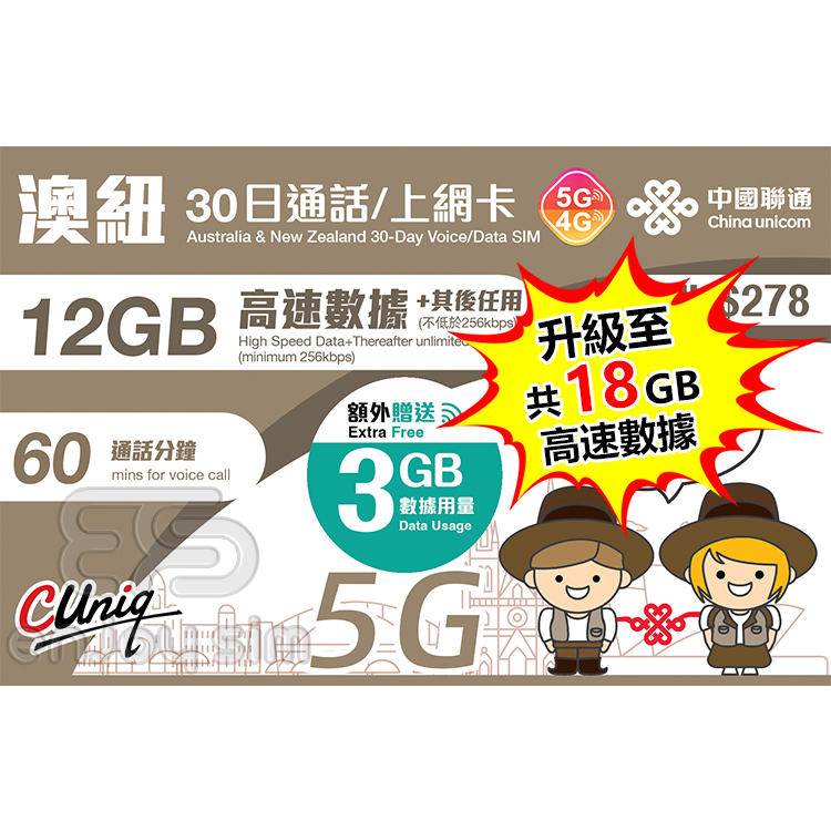 中國聯通 - 30日通話【澳洲及紐西蘭】(首18GB高速數據) 4G 無限上網卡數據卡Sim咭
