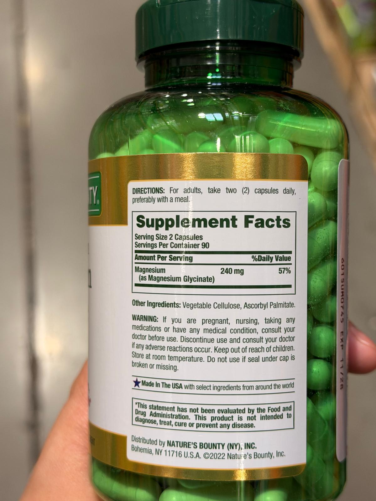 YN040 Nature's Bounty 高吸收甘氨酸鎂膠囊 180粒 EXP: 11.2028