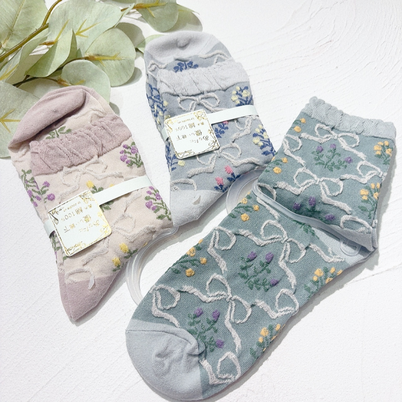 蝴蝶結花圖案短襪