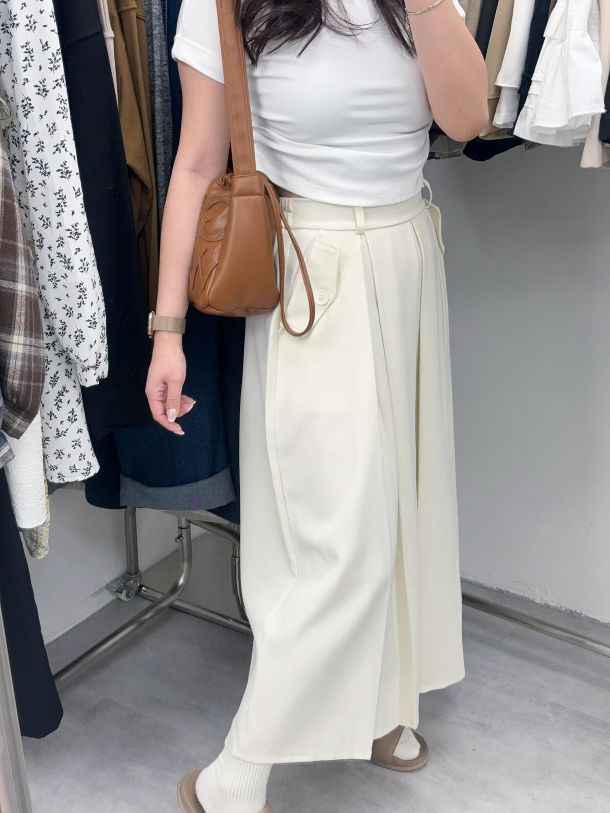 雙口袋百褶半裙(米色)