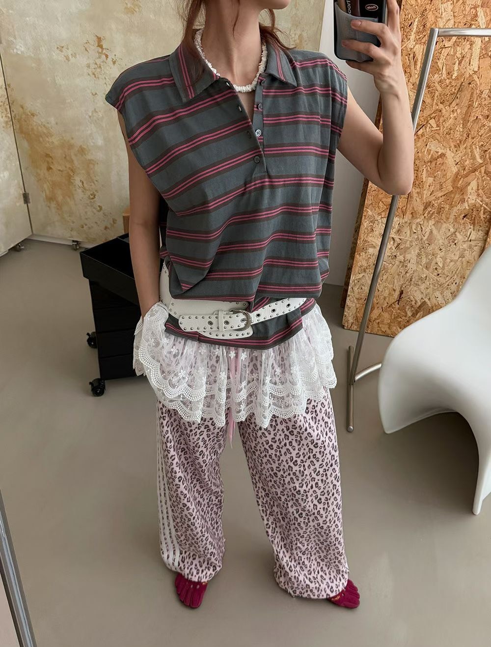 半袖條紋polo領拚蕾絲長版背心