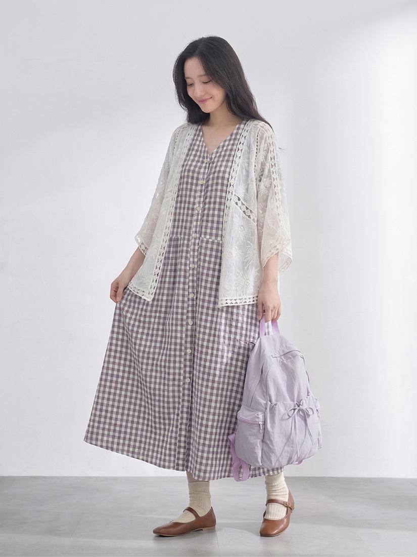 繡花簍空編織罩衫紋理泡泡布格紋洋裝組合