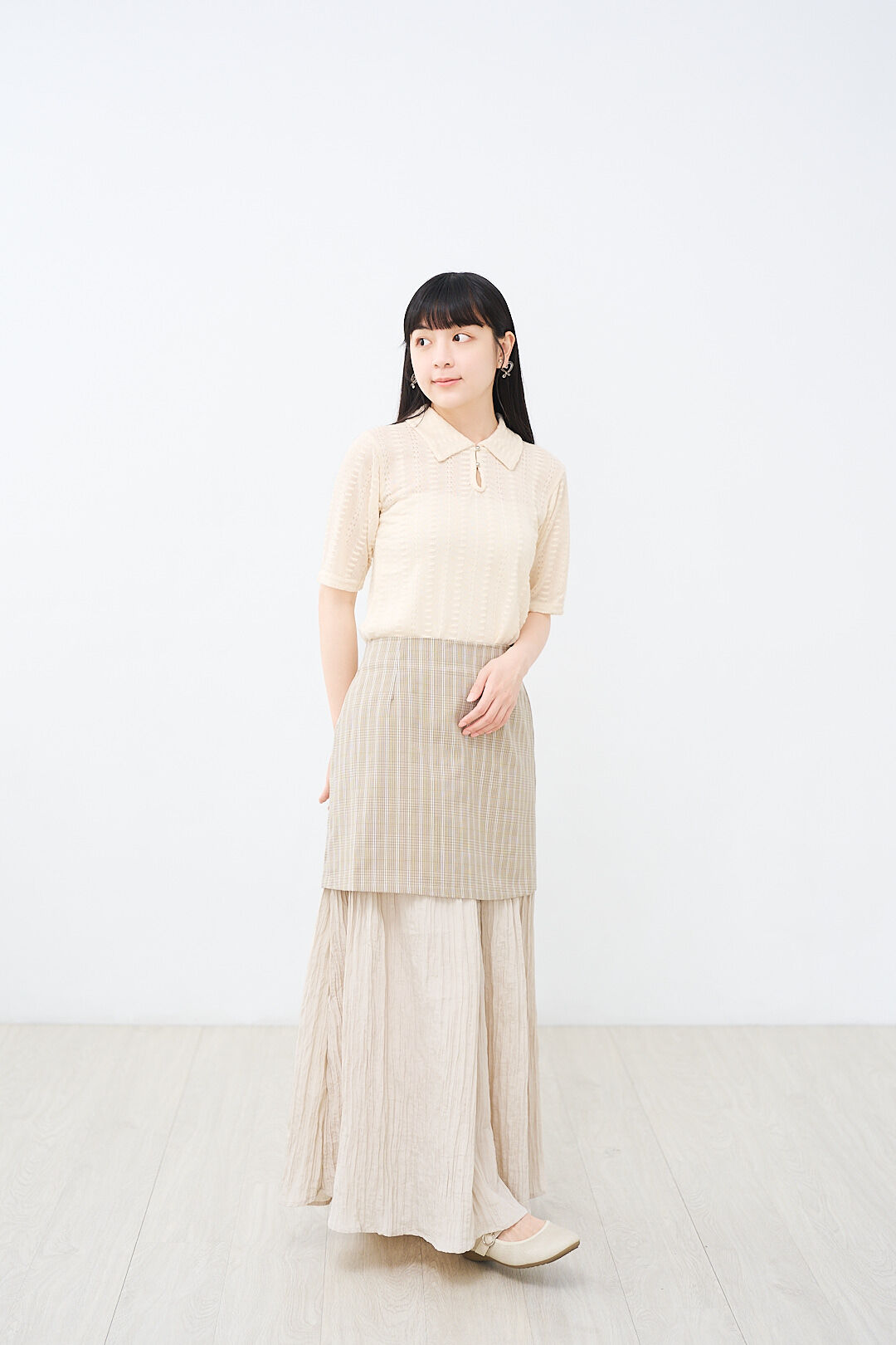 (預購)聖托里尼的晚風！閃耀格紋層次裙(兩色-典雅米)