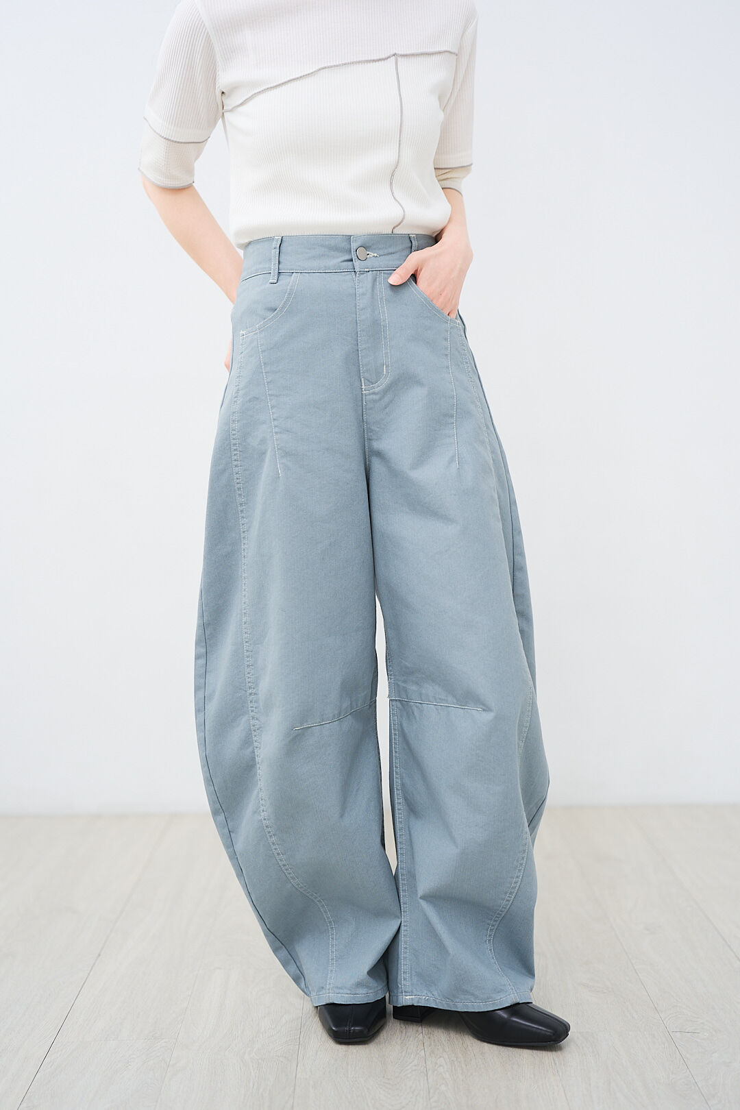 (預購)哥本哈根日常！撞色車線斜紋彎刀褲(三色-淺藍)