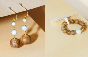 SE42 棋楠沉香海紋石耳環 約12mm **送棋楠戒指 (J-L9168) **連證書