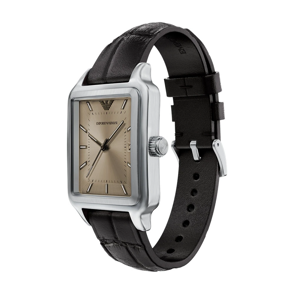 萬年鐘錶 - ARMANI  經典方形香檳面皮革錶帶男錶 AR11756 錶徑32MM
