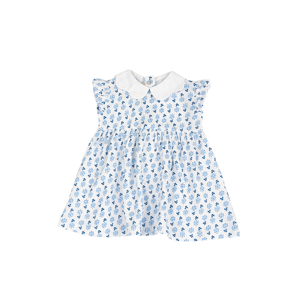 英倫花園-滿版藍色花朵有領荷葉袖洋裝