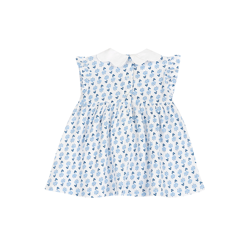 英倫花園-滿版藍色花朵有領荷葉袖洋裝