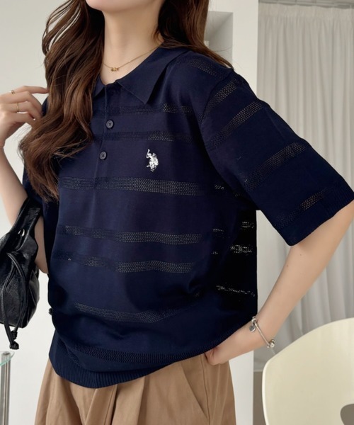 日本🇯🇵連線 U.S. POLO ASSN. x Ada. 刺繡橫條網眼Polo衫 寬鬆 落肩 刺繡 Polo衫 網眼 3色(任買兩件711免運)/預購