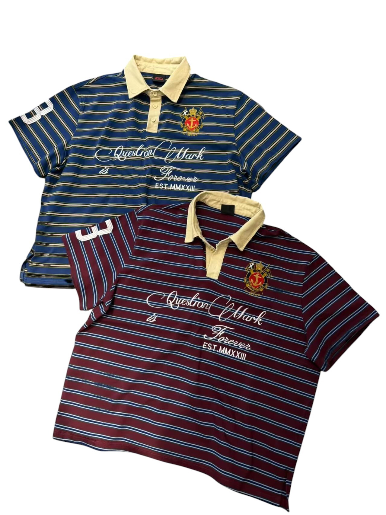 《S.V》家徽刺繡草寫條紋 Polo 衫