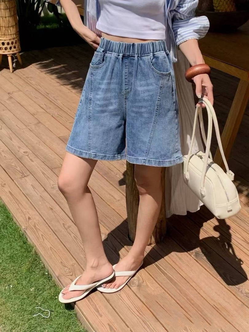 夏季修飾腿型必備★顯瘦鬆緊腰愛心口袋牛仔短褲