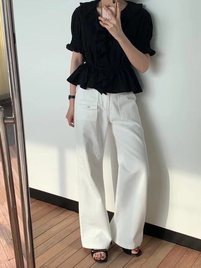 白色不對稱口袋長褲