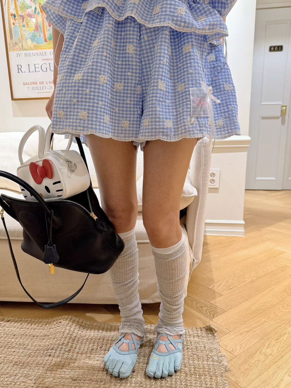 格子棉麻綁帶鬆緊短褲