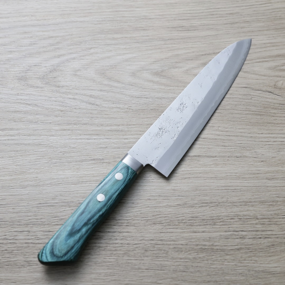 增谷訓生 牛刀 180mm VG10鋼 鎚目大馬士革 雪華 綠柄