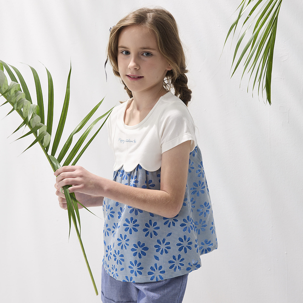 PIPPY碧海藍天小花繡花短袖上衣 藍