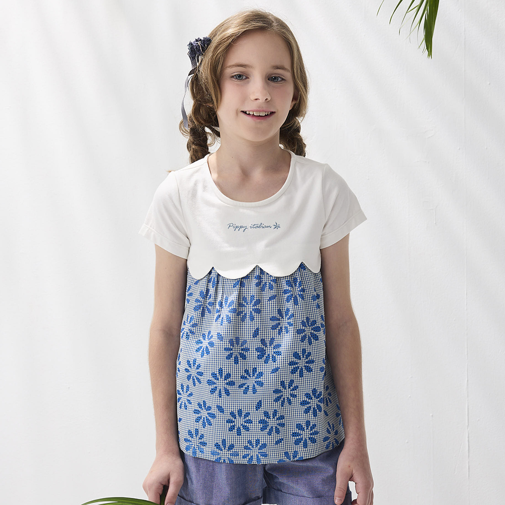 PIPPY碧海藍天小花繡花短袖上衣 藍