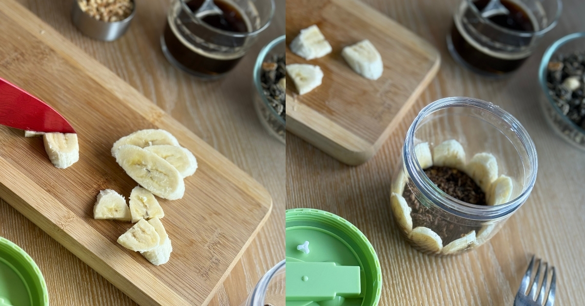 香蕉斜切為厚度 5mm 左右的片狀，平鋪後橫切一刀