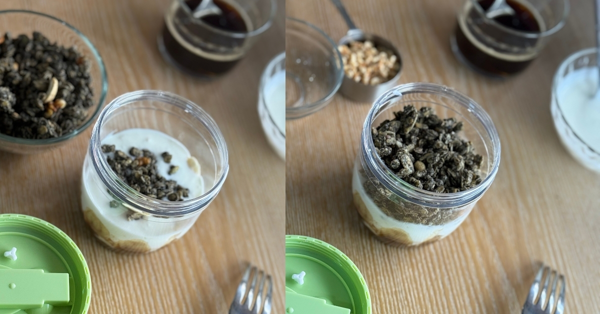 黑芝麻堅果燕麥穀片平鋪於無糖優格上