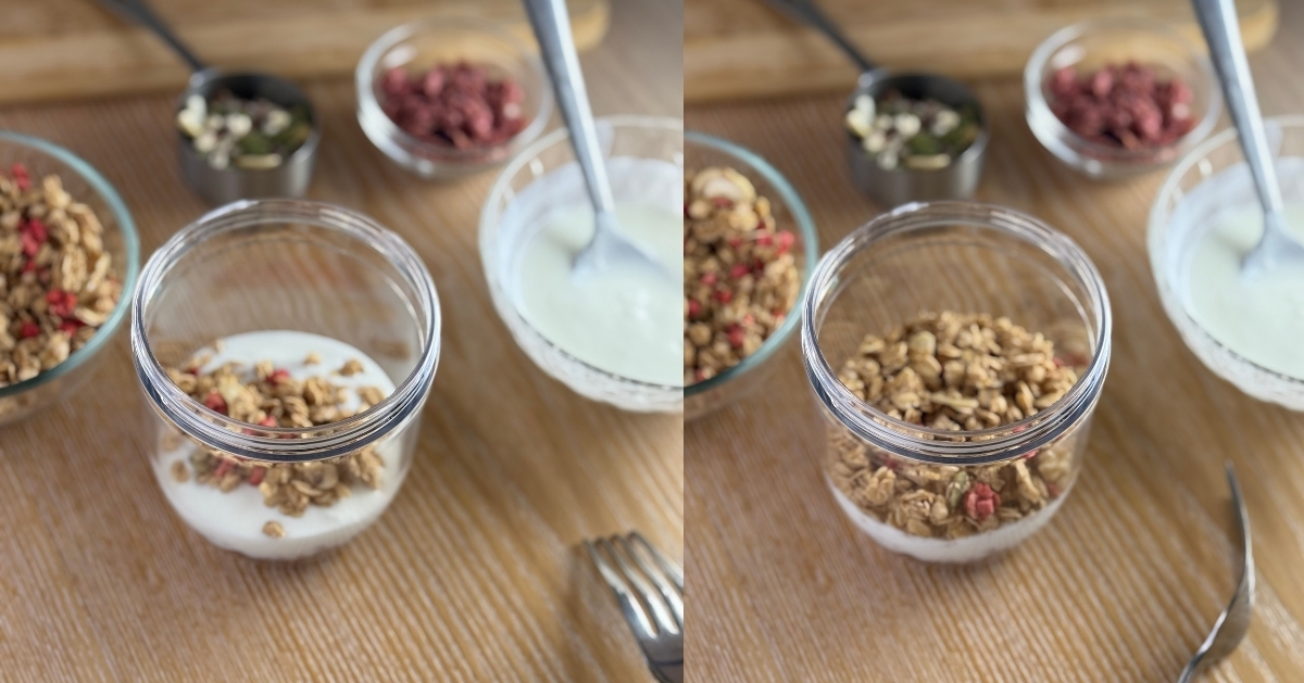 減糖莓果風味燕麥穀片一半份量平鋪至燕麥杯中蓋過無糖優格