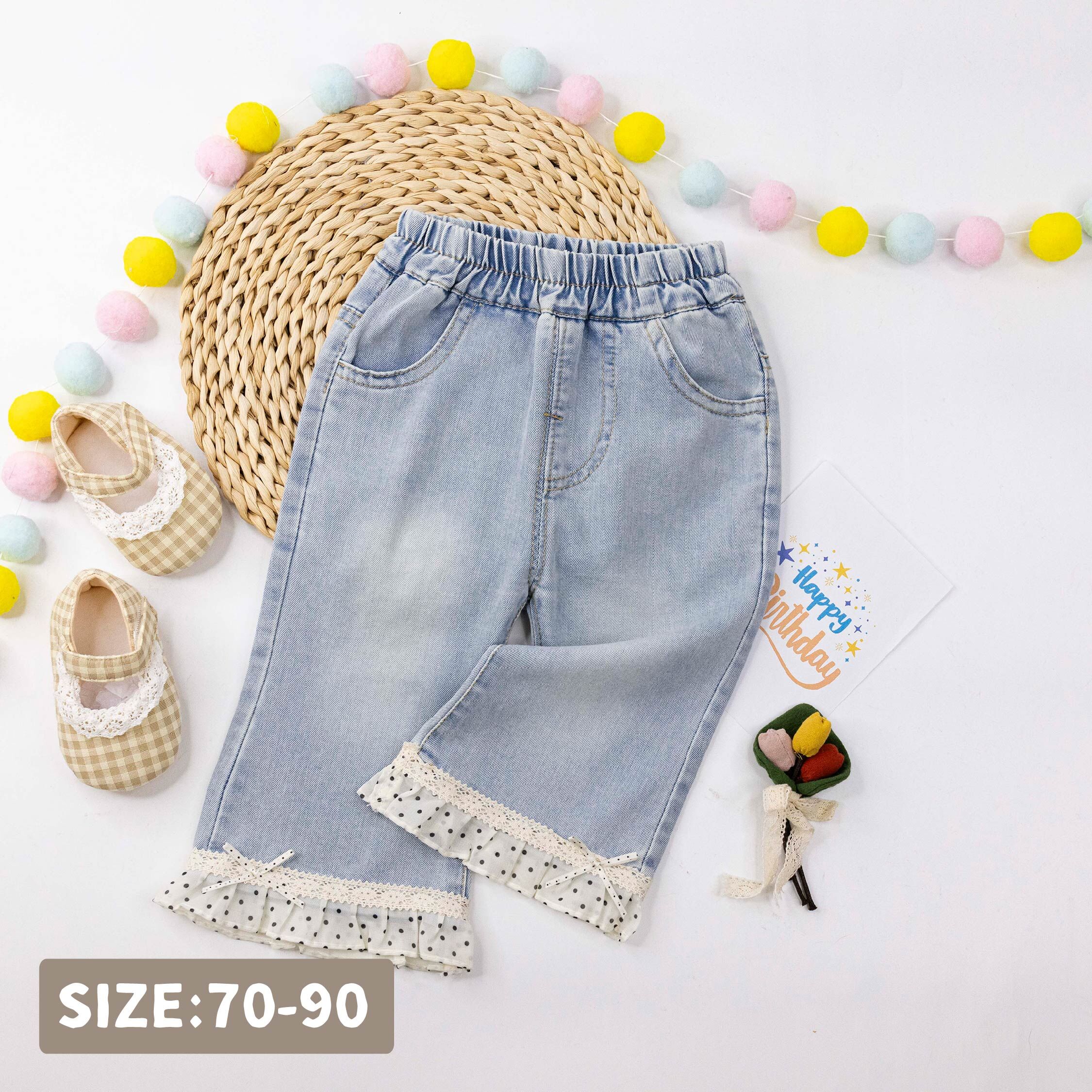 點點雪紡拼接牛仔褲 (H60043)