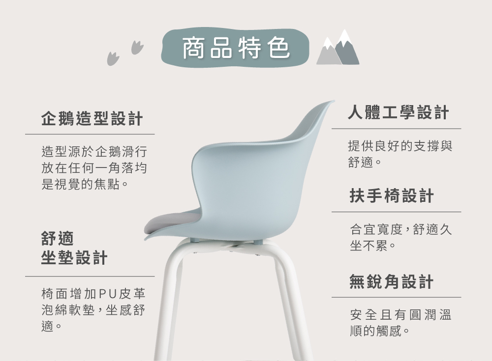 企鵝現代椅坐墊款特色展示，人體工學與坐墊設計，圓潤椅背與包覆性座面，提供良好支撐與舒適坐感