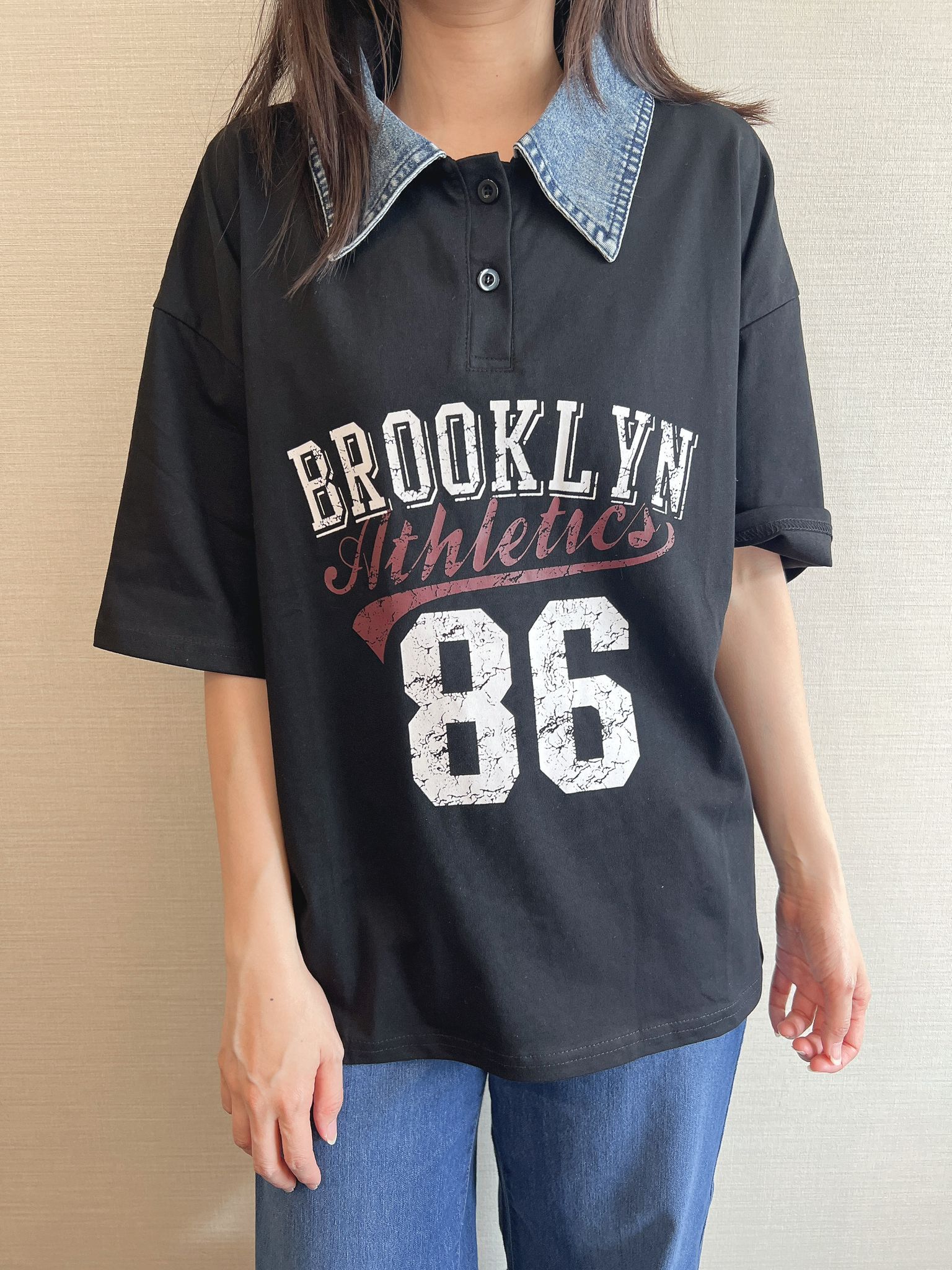 TK 牛仔領假兩件top