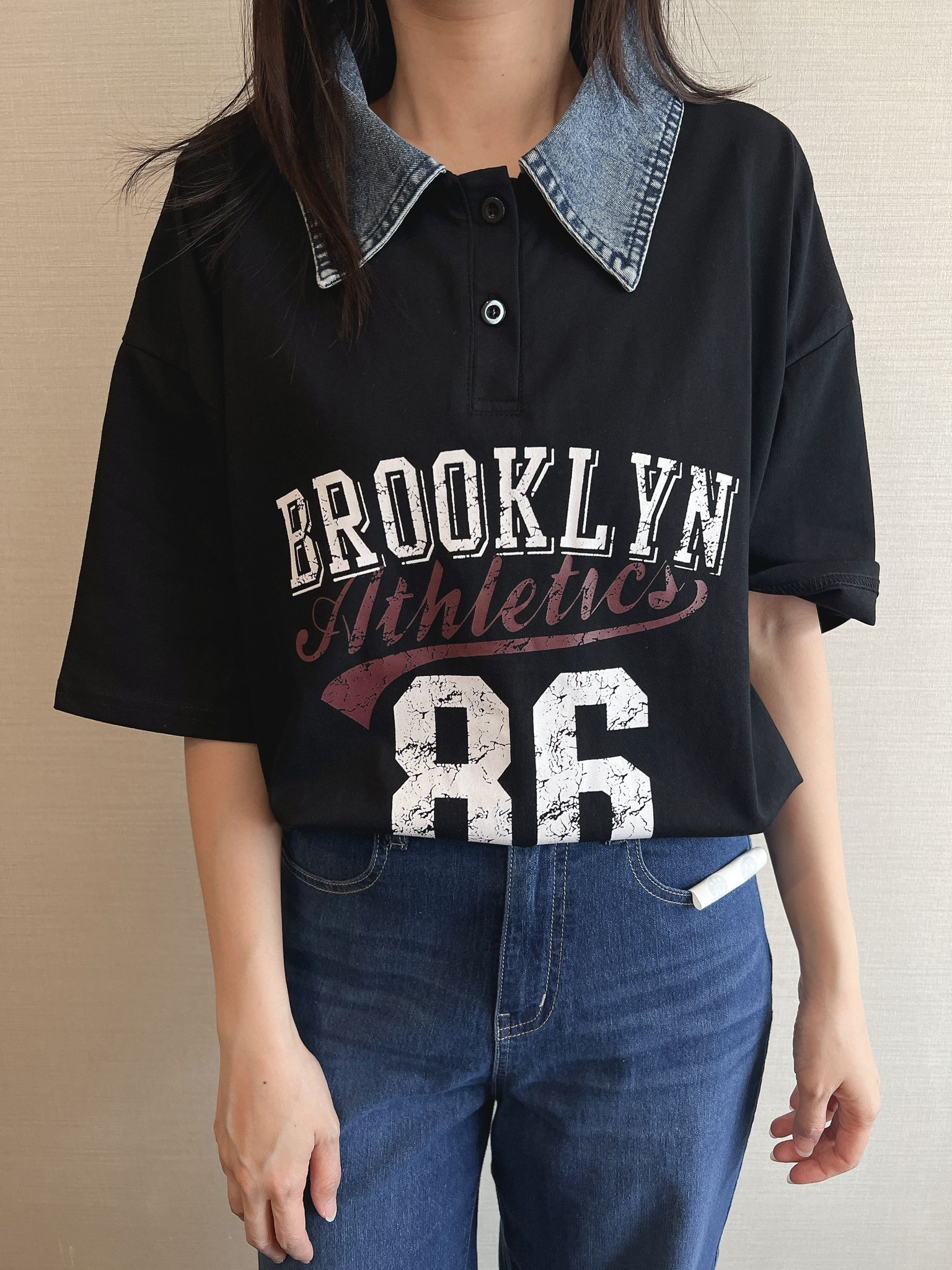 TK 牛仔領假兩件top