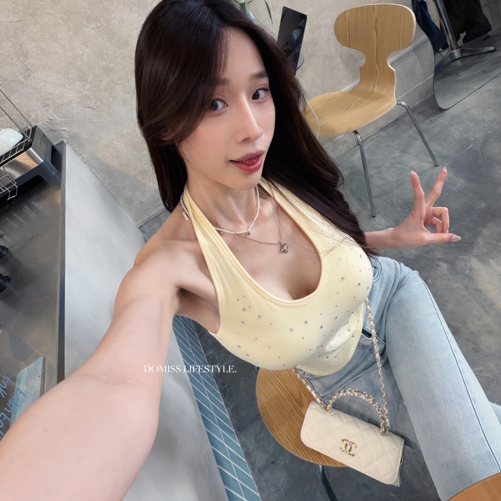 【閃鑽微辣】DOMISS掛脖削肩背心 顯瘦上衣 背心-4色(現+預)